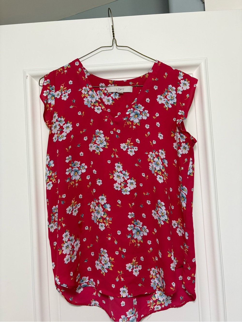 LOFT Bright Red Floral V-Neck Cap-Sleeve Blouse